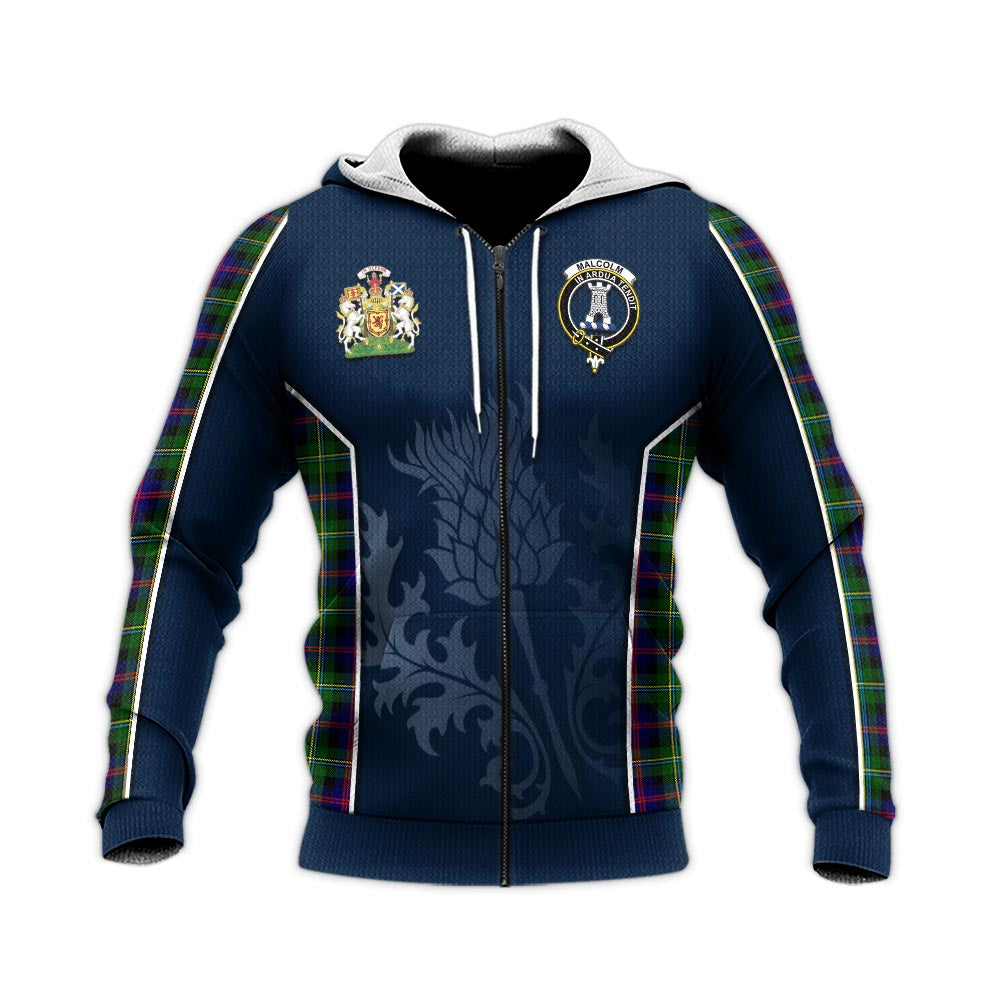 Tartan Vibes Clothing Malcolm Tartan Knitted Hoodie with Family Crest and Scottish Thistle Vibes Sport Style