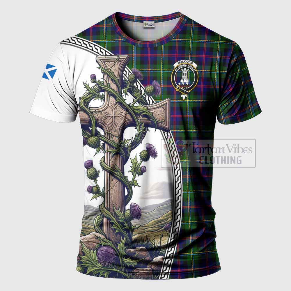 Tartan Vibes Clothing Malcolm Agnew Tartan T-Shirt with Family Crest and St. Andrew's Cross Accented by Thistle Vines