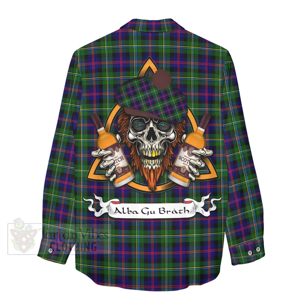 Tartan Vibes Clothing Malcolm Tartan Women's Casual Shirt with Family Crest and Bearded Skull Holding Bottles of Whiskey