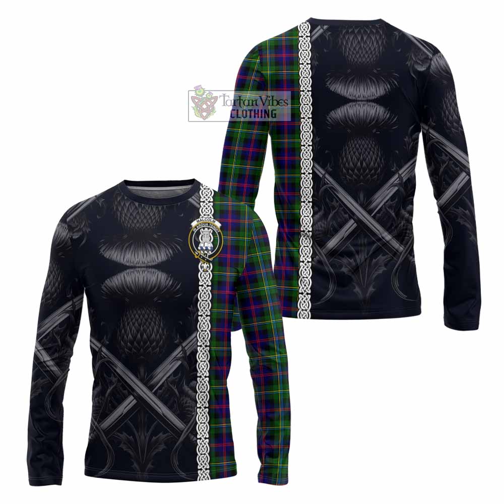 Tartan Vibes Clothing Malcolm Tartan Long Sleeve T-Shirt with Family Crest Cross Sword Thistle Celtic Vibes