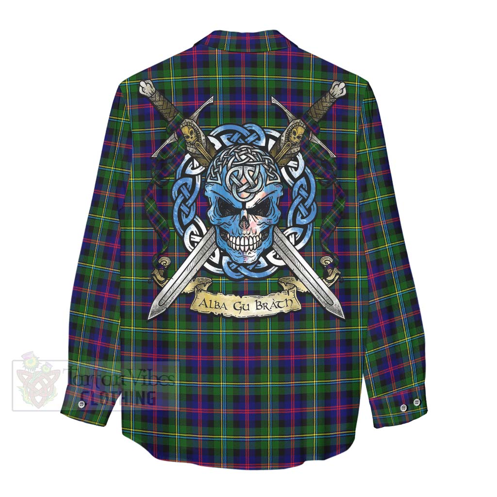 Tartan Vibes Clothing Malcolm Tartan Women's Casual Shirt with Family Crest Celtic Skull Style