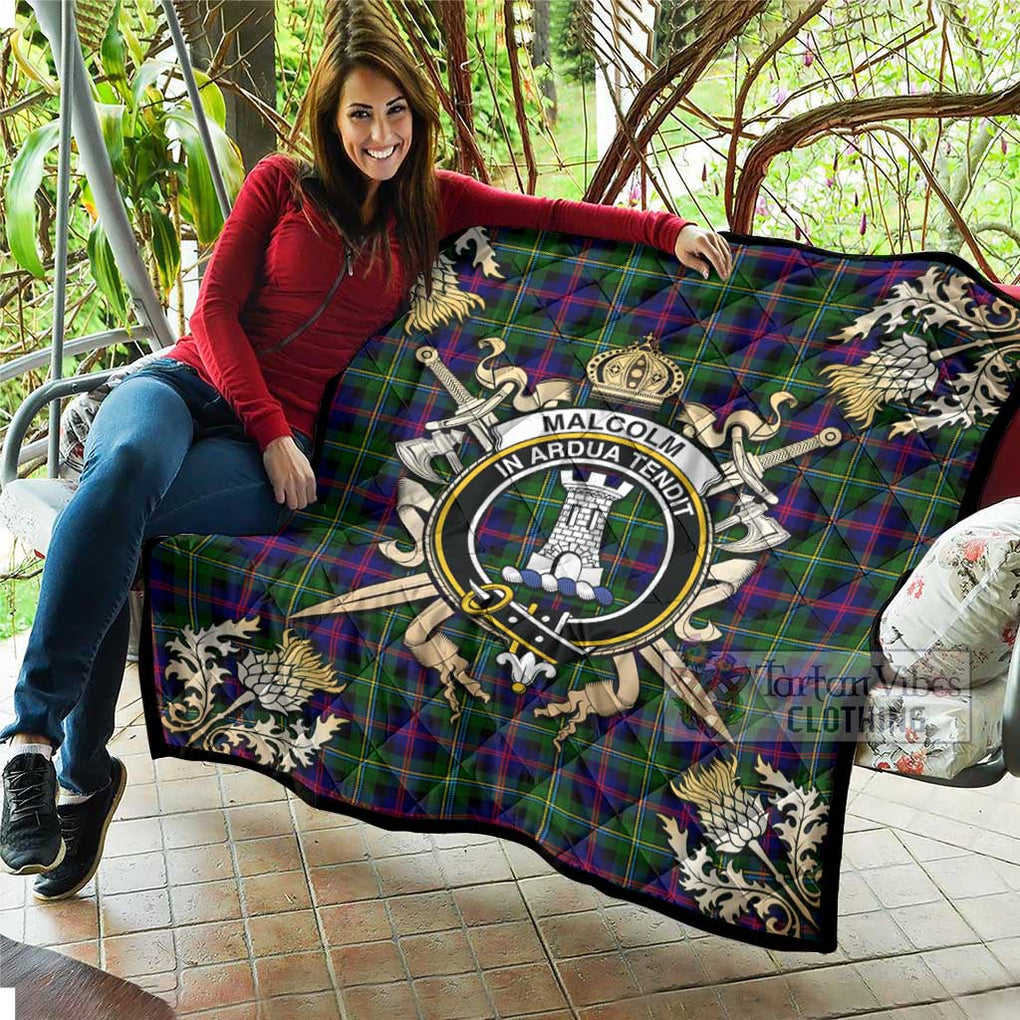 Tartan Vibes Clothing Malcolm Tartan Quilt with Family Crest and Scottish Golden Courage Shield