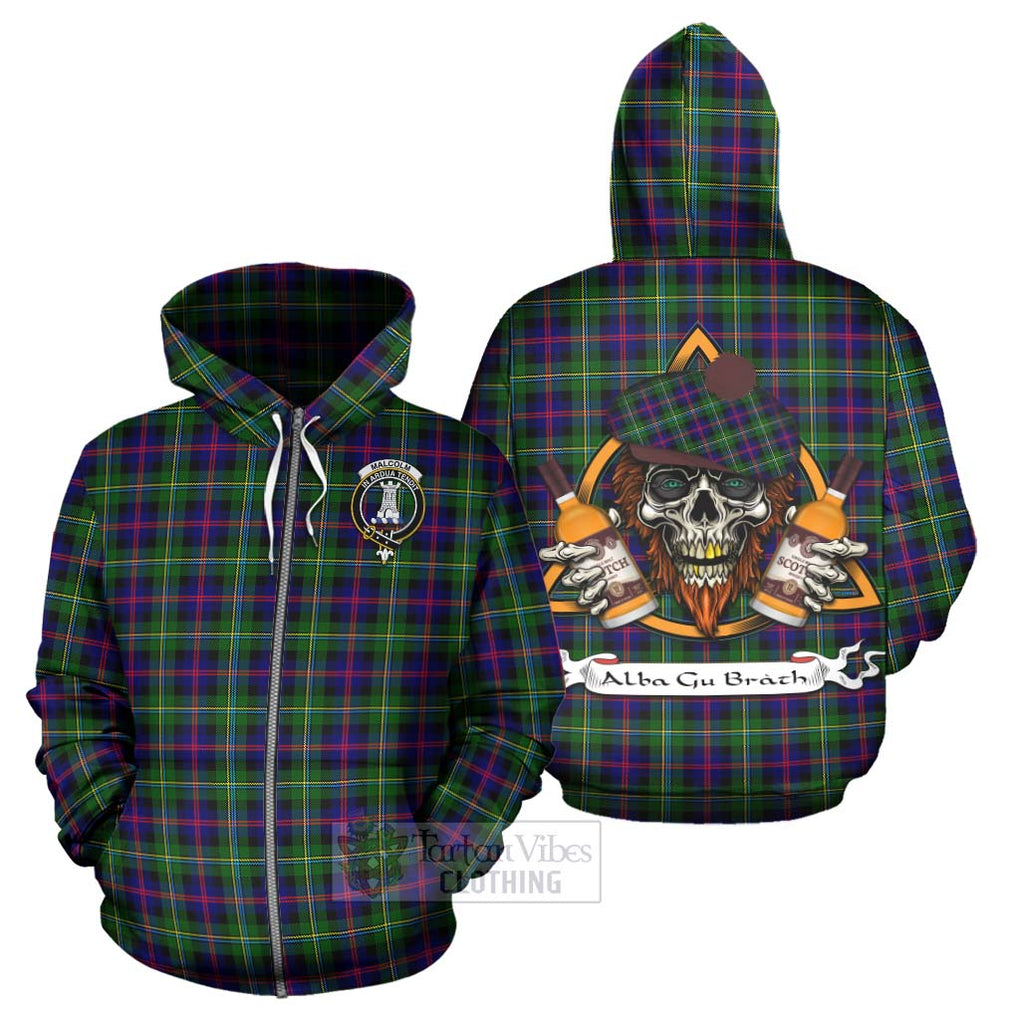 Tartan Vibes Clothing Malcolm Tartan Hoodie with Family Crest and Bearded Skull Holding Bottles of Whiskey