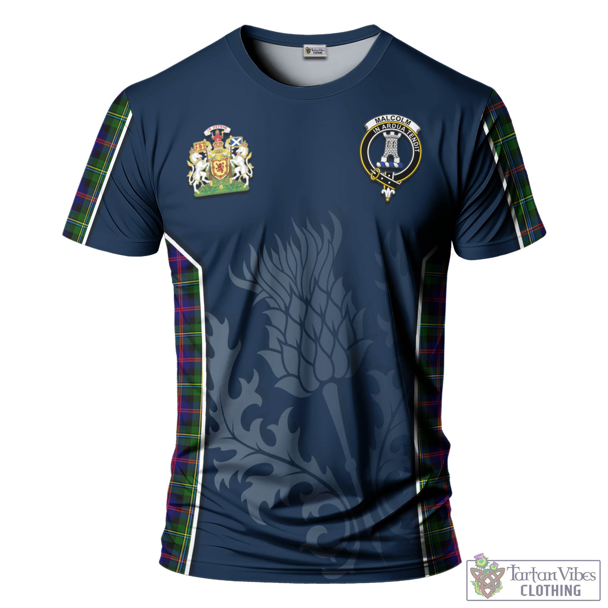 Tartan Vibes Clothing Malcolm Tartan T-Shirt with Family Crest and Scottish Thistle Vibes Sport Style