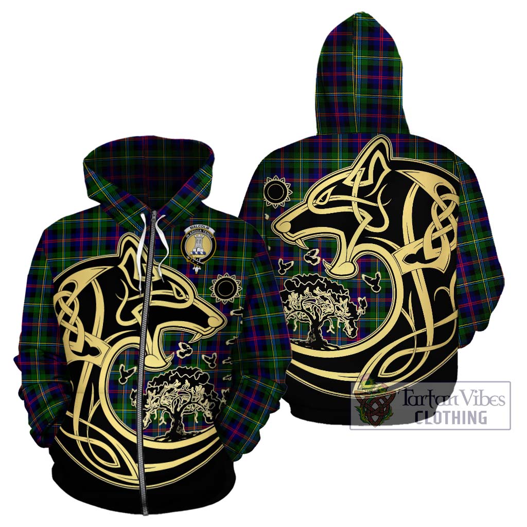 Tartan Vibes Clothing Malcolm Tartan Hoodie with Family Crest Celtic Wolf Style