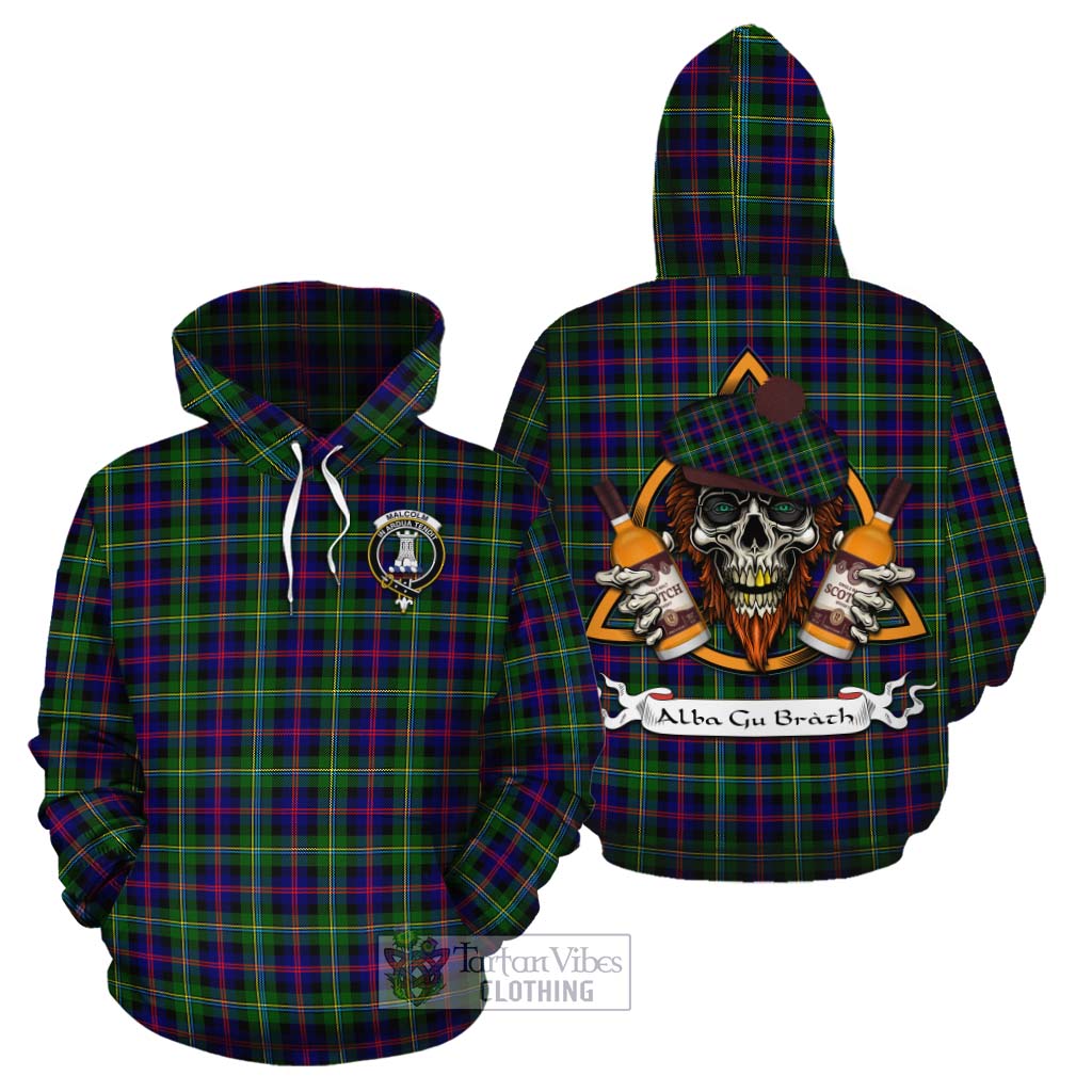 Tartan Vibes Clothing Malcolm Tartan Cotton Hoodie with Family Crest and Bearded Skull Holding Bottles of Whiskey