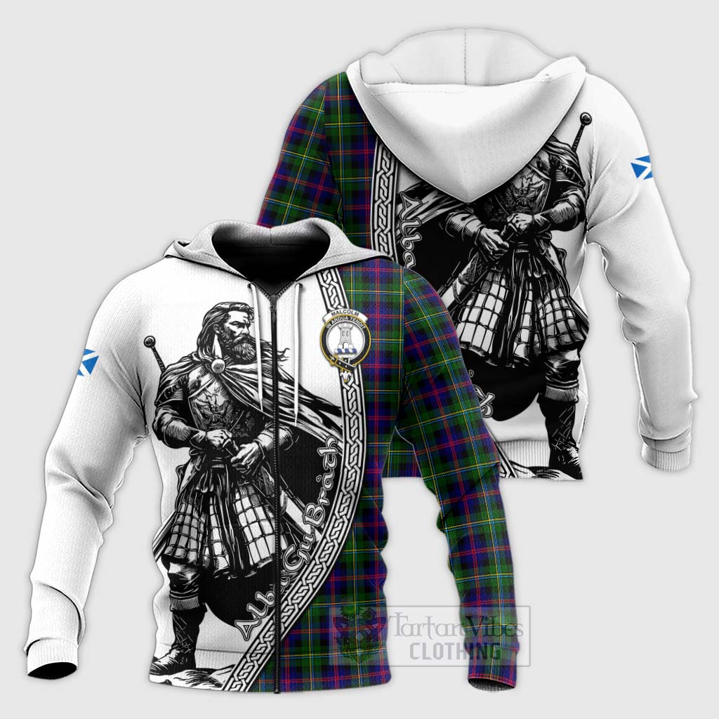 Tartan Vibes Clothing Malcolm Tartan Clan Crest Knitted Hoodie with Highlander Warrior Celtic Style