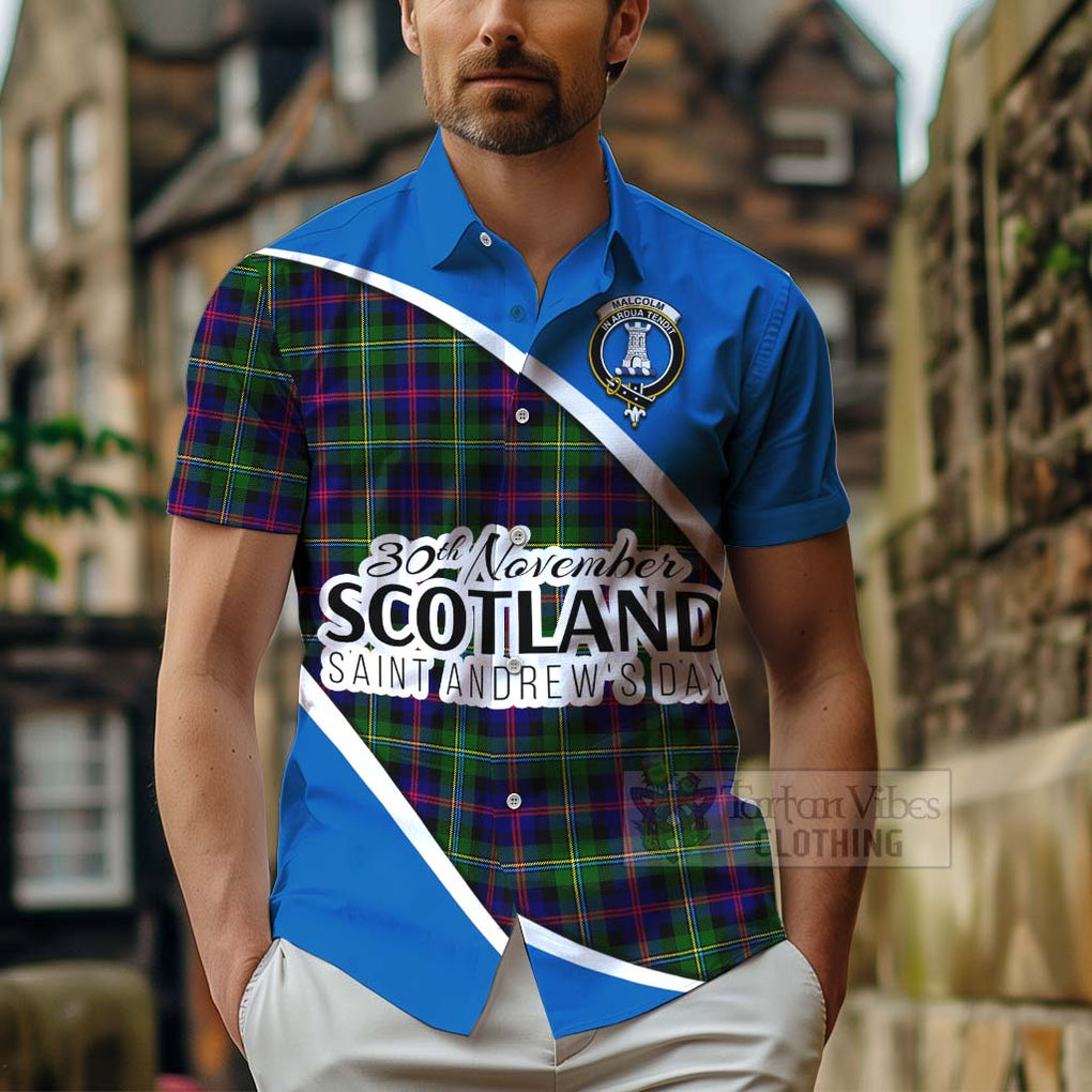 Tartan Vibes Clothing Malcolm Family Crest Tartan Short Sleeve Button Shirt Celebrate Saint Andrew's Day in Style