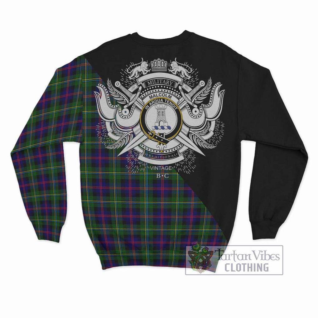 Malcolm Tartan Sweatshirt with Family Crest and Military Logo Style - Tartanvibesclothing Shop