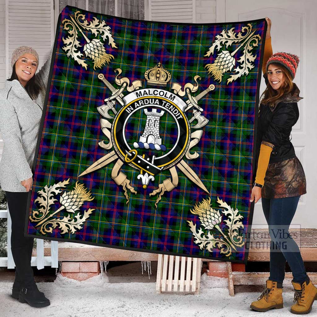 Tartan Vibes Clothing Malcolm Tartan Quilt with Family Crest and Scottish Golden Courage Shield