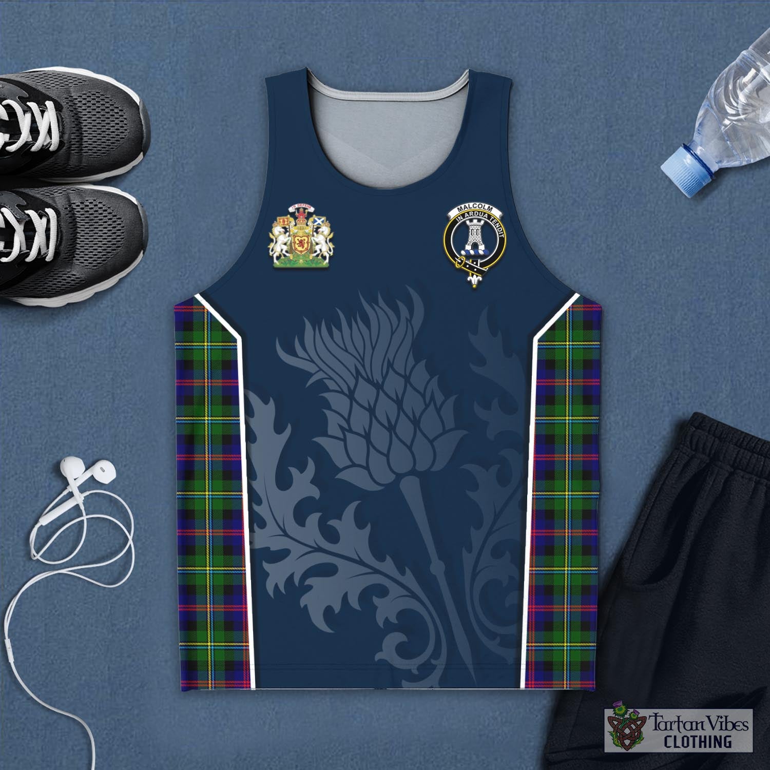 Tartan Vibes Clothing Malcolm Tartan Men's Tanks Top with Family Crest and Scottish Thistle Vibes Sport Style