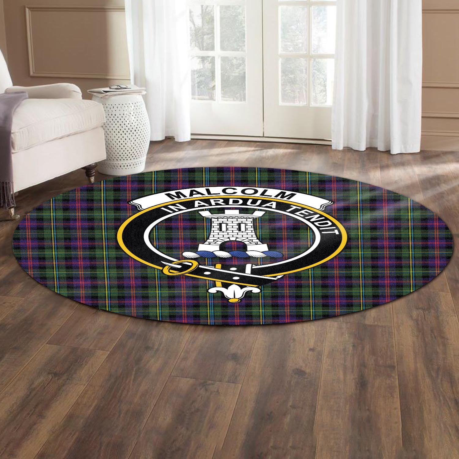 malcolm-tartan-round-rug-with-family-crest