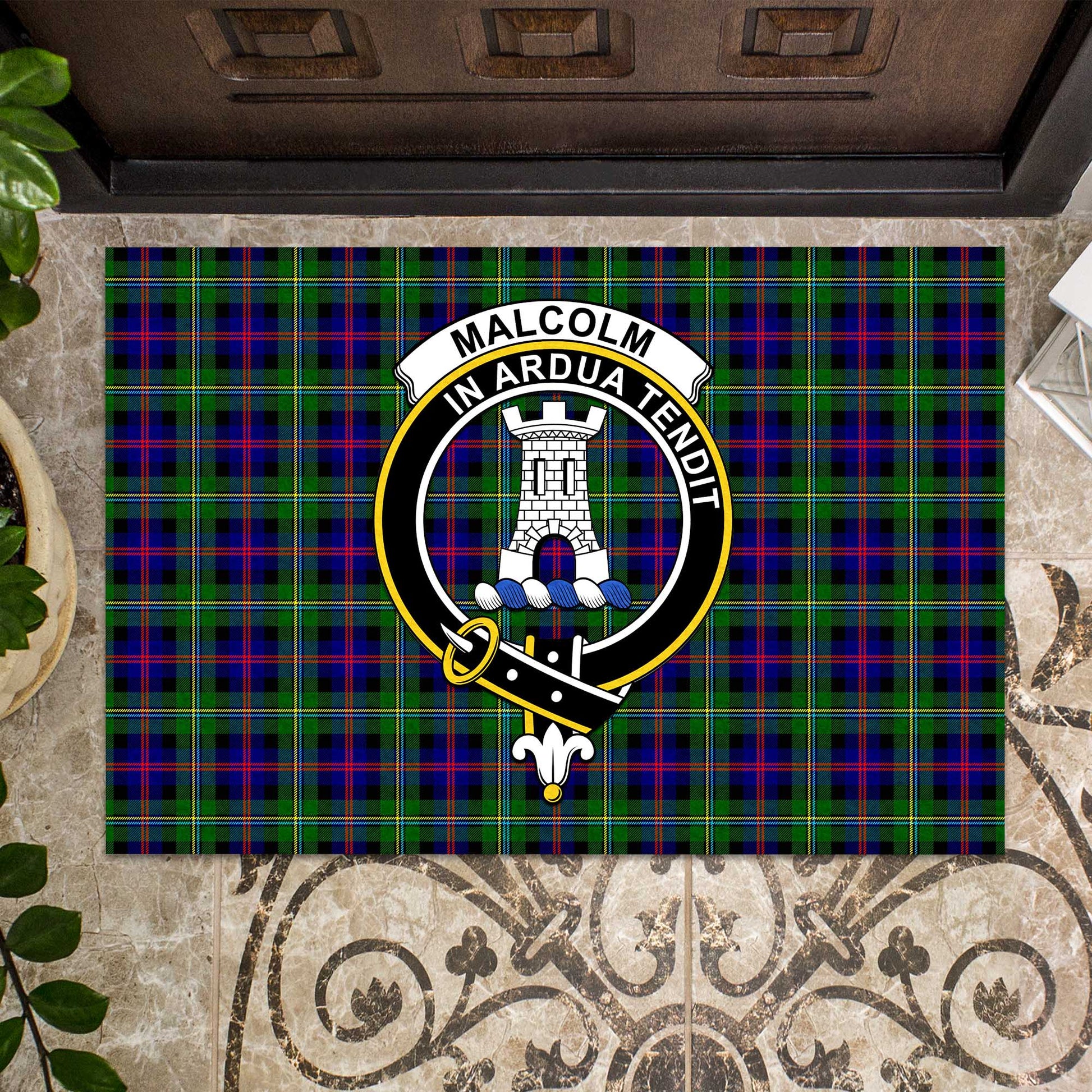 Malcolm Tartan Door Mat with Family Crest - Tartanvibesclothing