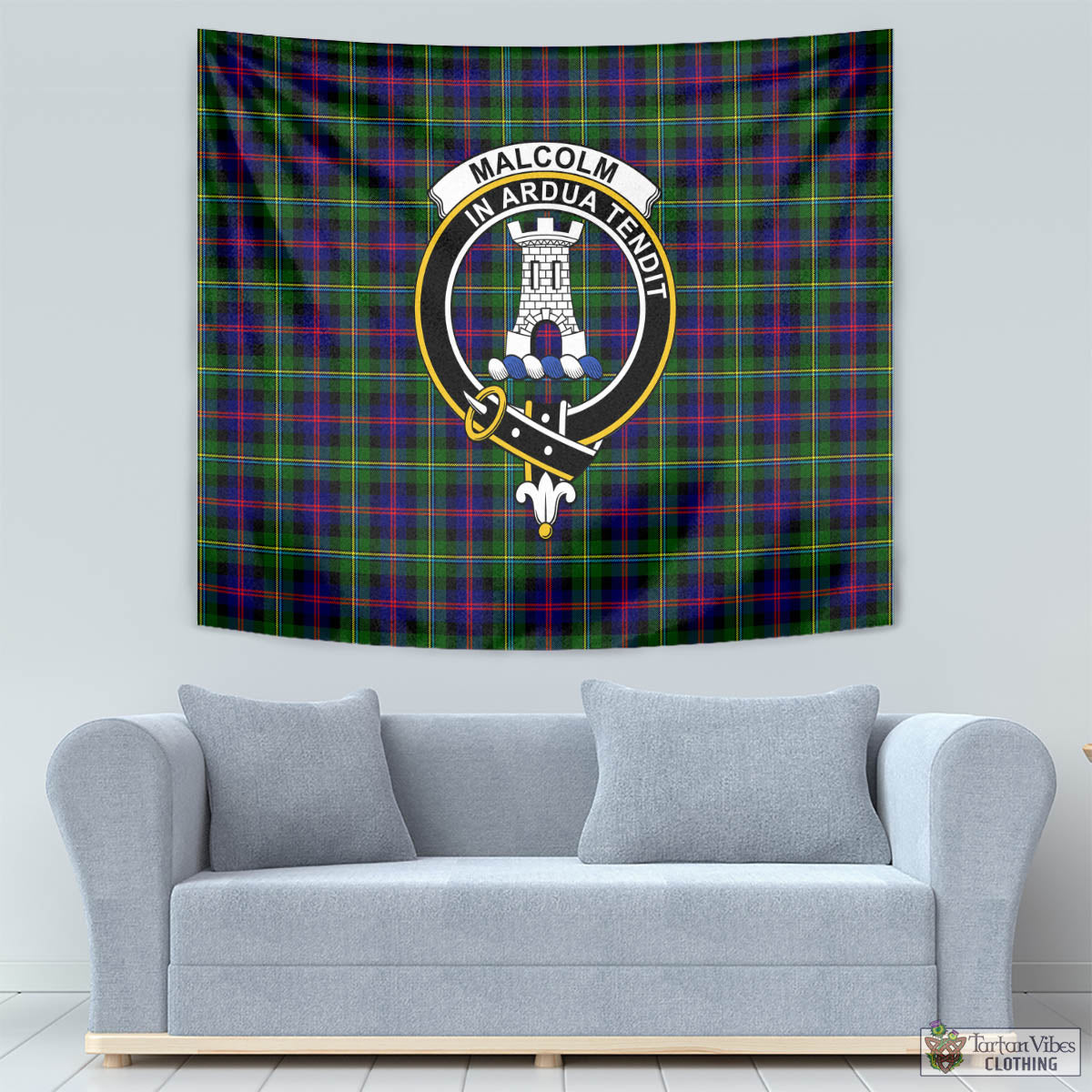 Tartan Vibes Clothing Malcolm Tartan Tapestry Wall Hanging and Home Decor for Room with Family Crest