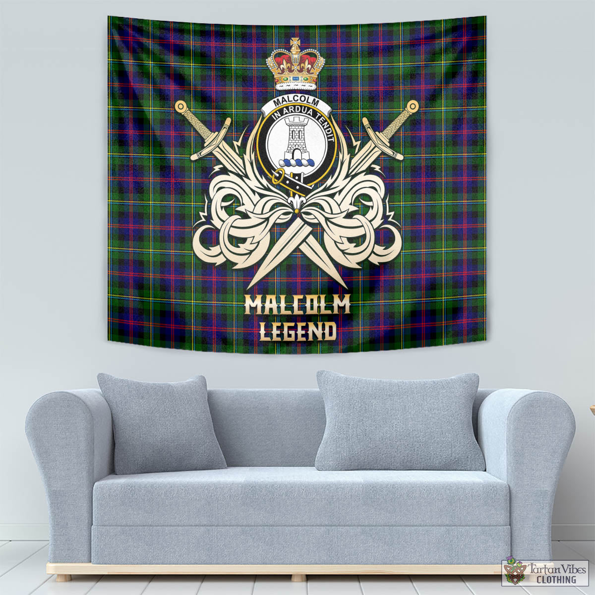 Tartan Vibes Clothing Malcolm Tartan Tapestry with Clan Crest and the Golden Sword of Courageous Legacy