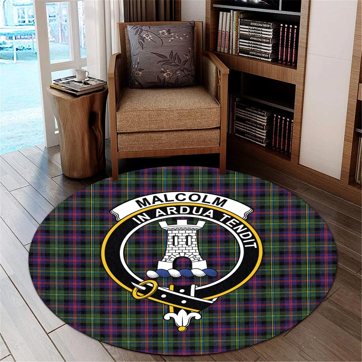 malcolm-tartan-round-rug-with-family-crest
