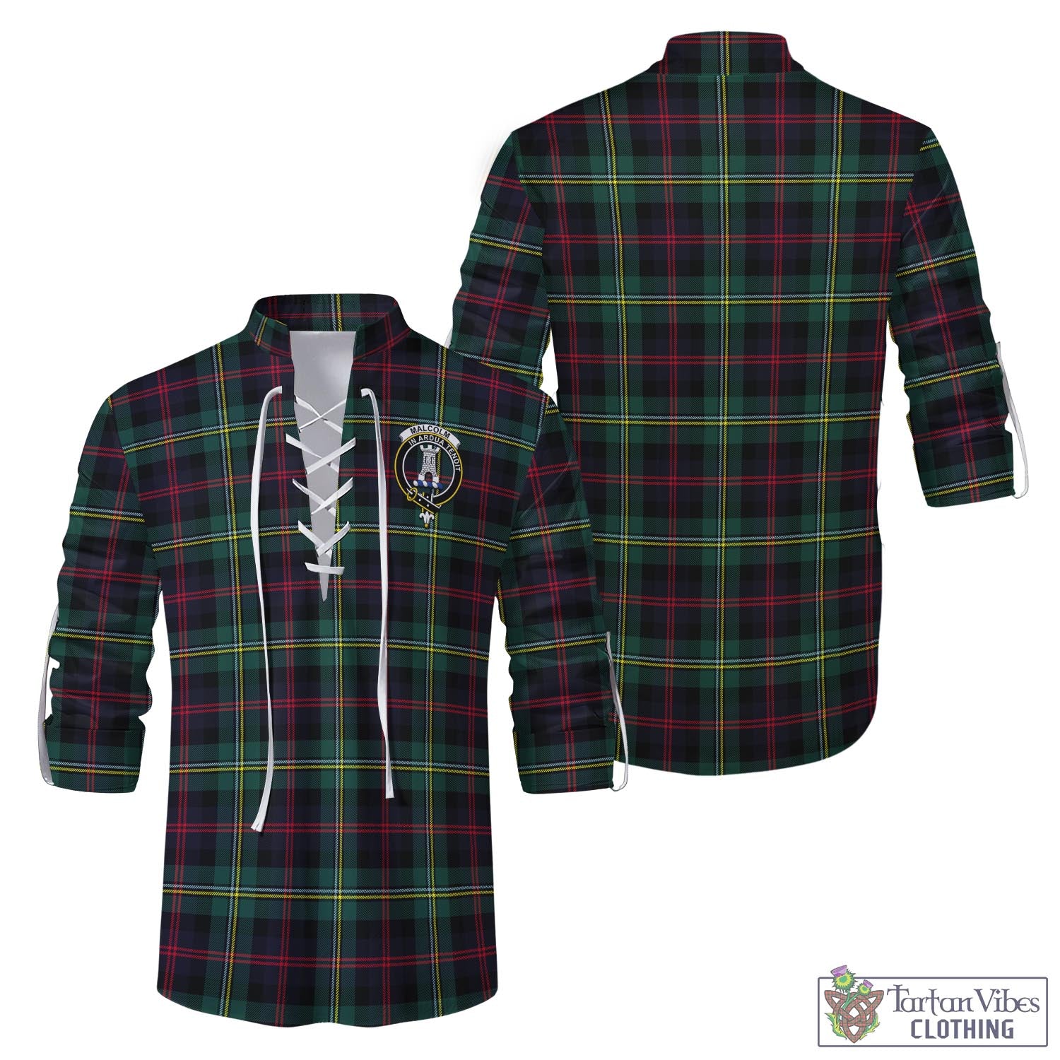 Tartan Vibes Clothing Malcolm Modern Tartan Men's Scottish Traditional Jacobite Ghillie Kilt Shirt with Family Crest
