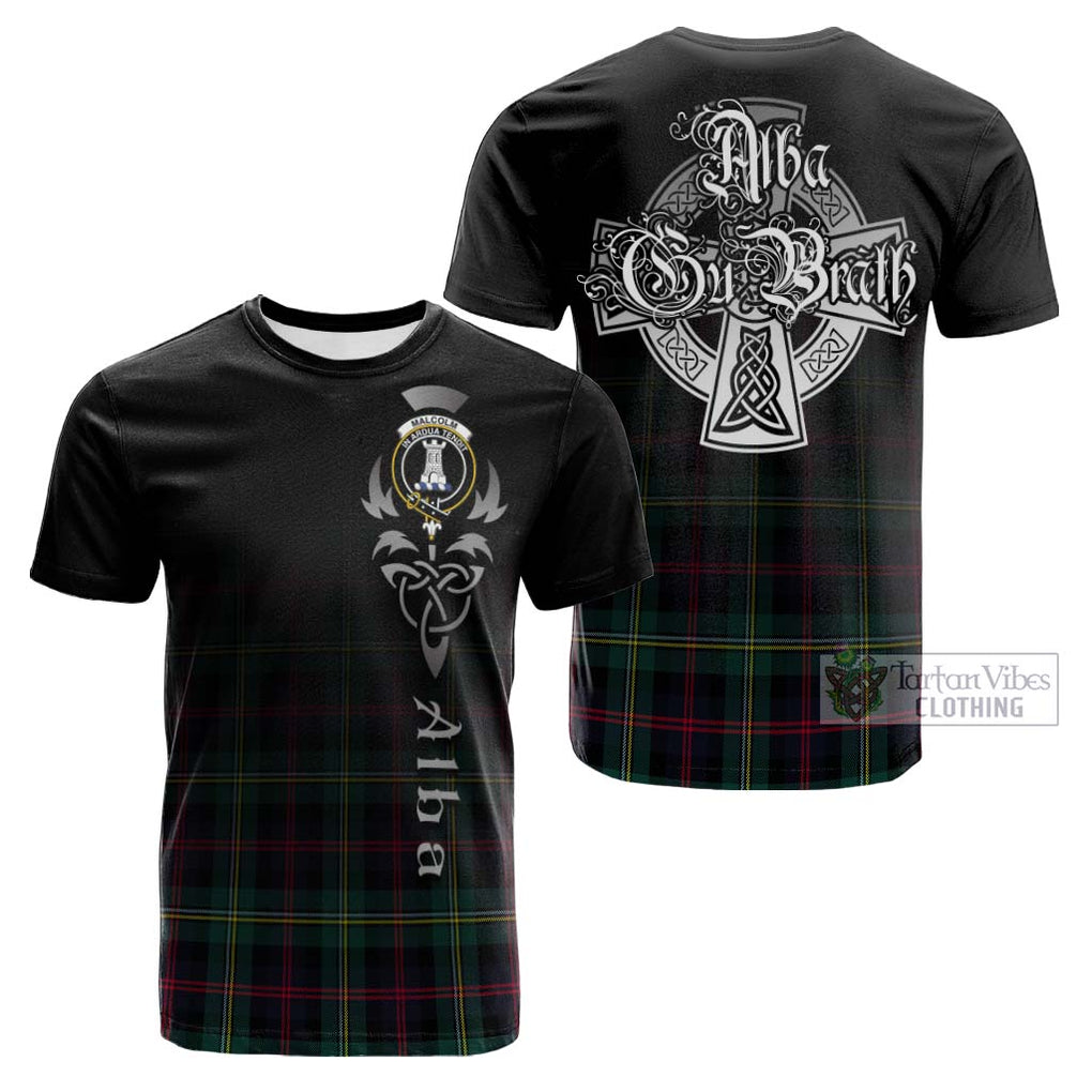 Tartan Vibes Clothing Malcolm Modern Tartan Cotton T-shirt Featuring Alba Gu Brath Family Crest Celtic Inspired