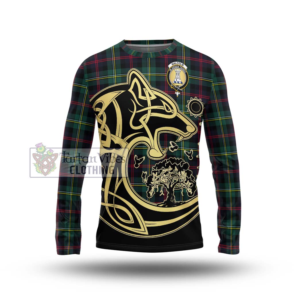 Tartan Vibes Clothing Malcolm Modern Tartan Long Sleeve T-Shirt with Family Crest Celtic Wolf Style