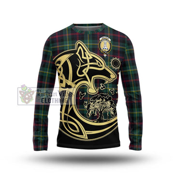 Malcolm Modern Tartan Long Sleeve T-Shirt with Family Crest Celtic Wolf Style