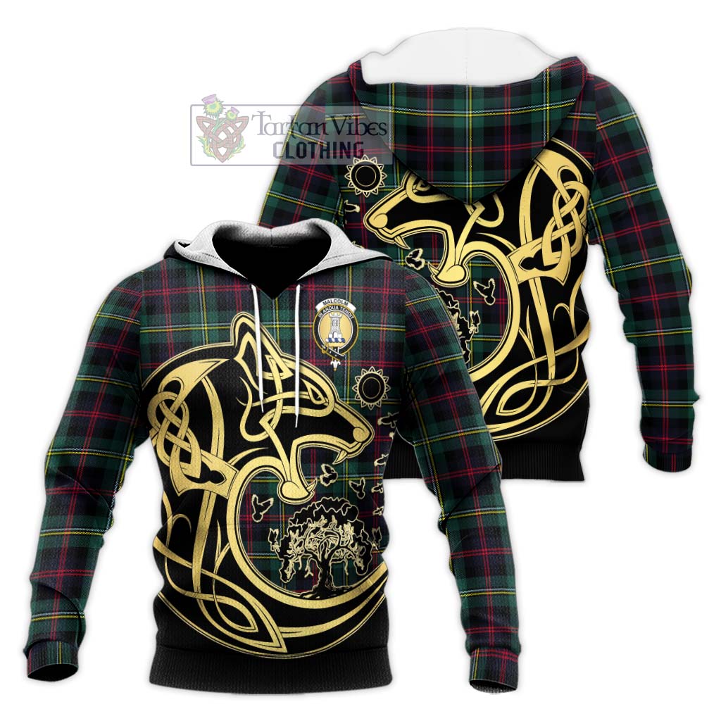 Tartan Vibes Clothing Malcolm Modern Tartan Knitted Hoodie with Family Crest Celtic Wolf Style