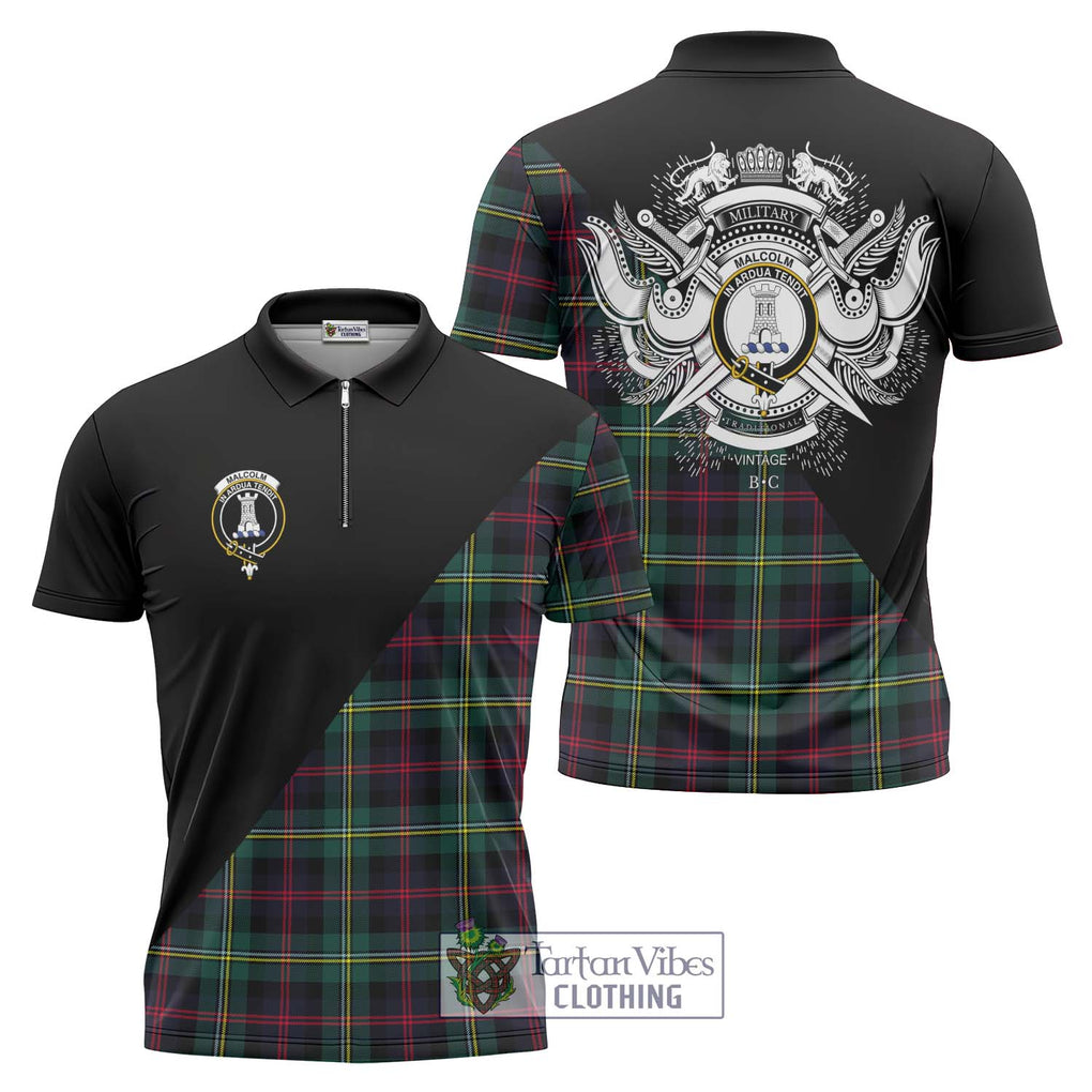 Malcolm Modern Tartan Zipper Polo Shirt with Family Crest and Military Logo Style Unisex - Tartanvibesclothing Shop