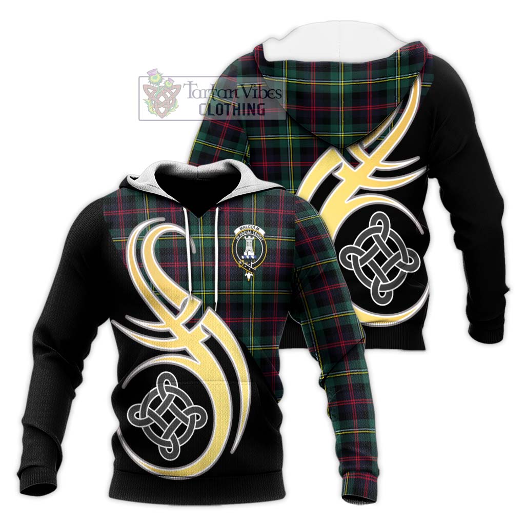 Tartan Vibes Clothing Malcolm Modern Tartan Knitted Hoodie with Family Crest and Celtic Symbol Style