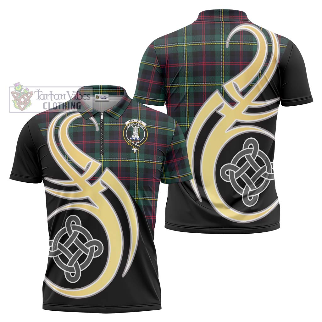 Tartan Vibes Clothing Malcolm Modern Tartan Zipper Polo Shirt with Family Crest and Celtic Symbol Style