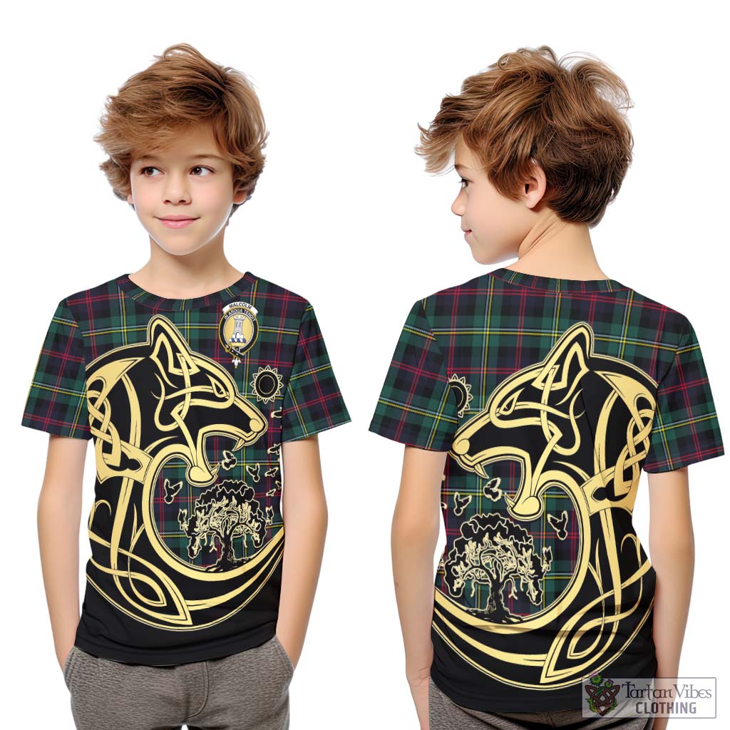 Tartan Vibes Clothing Malcolm Modern Tartan Kid T-Shirt with Family Crest Celtic Wolf Style