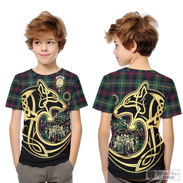 Malcolm Modern Tartan Kid T-Shirt with Family Crest Celtic Wolf Style