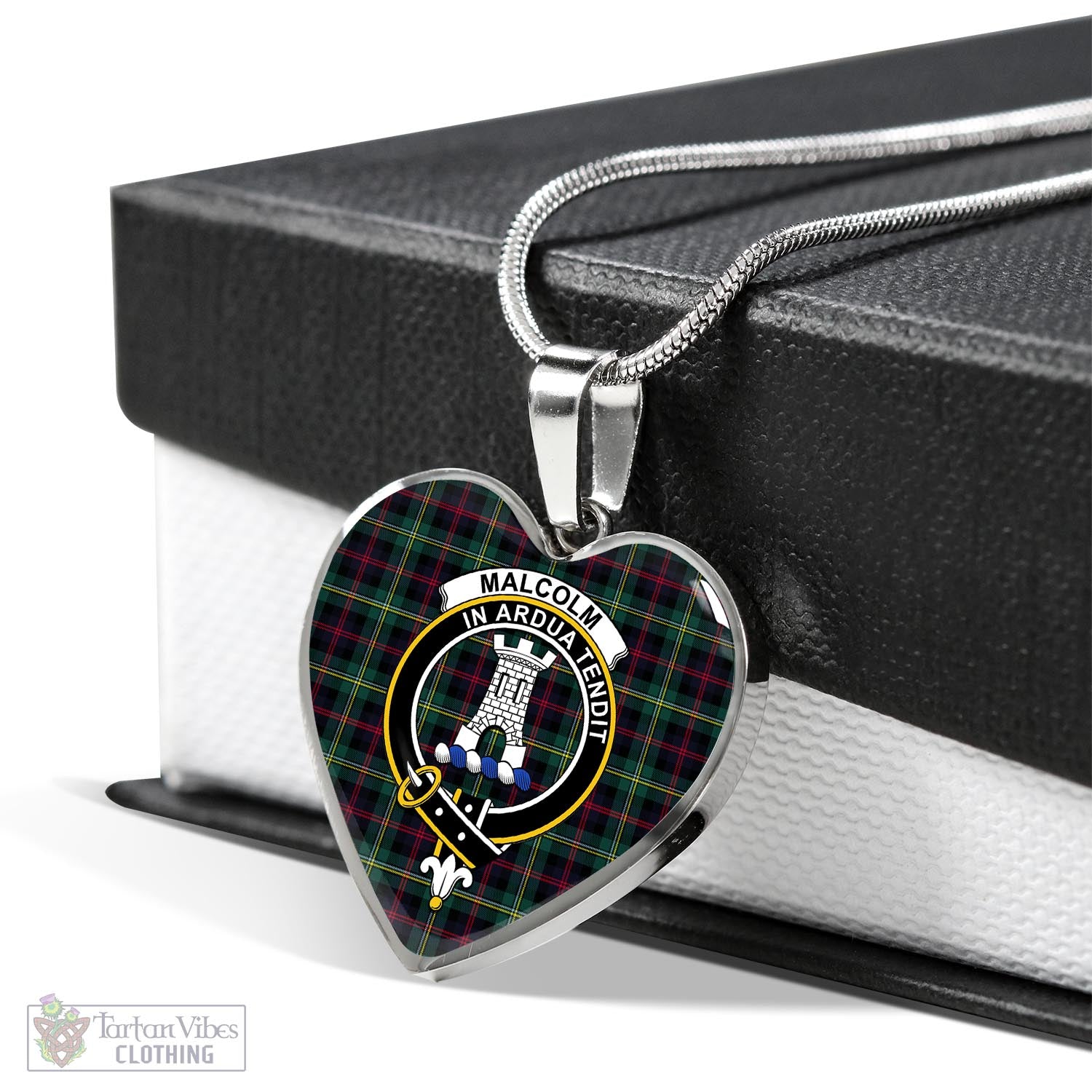 Tartan Vibes Clothing Malcolm Modern Tartan Heart Necklace with Family Crest