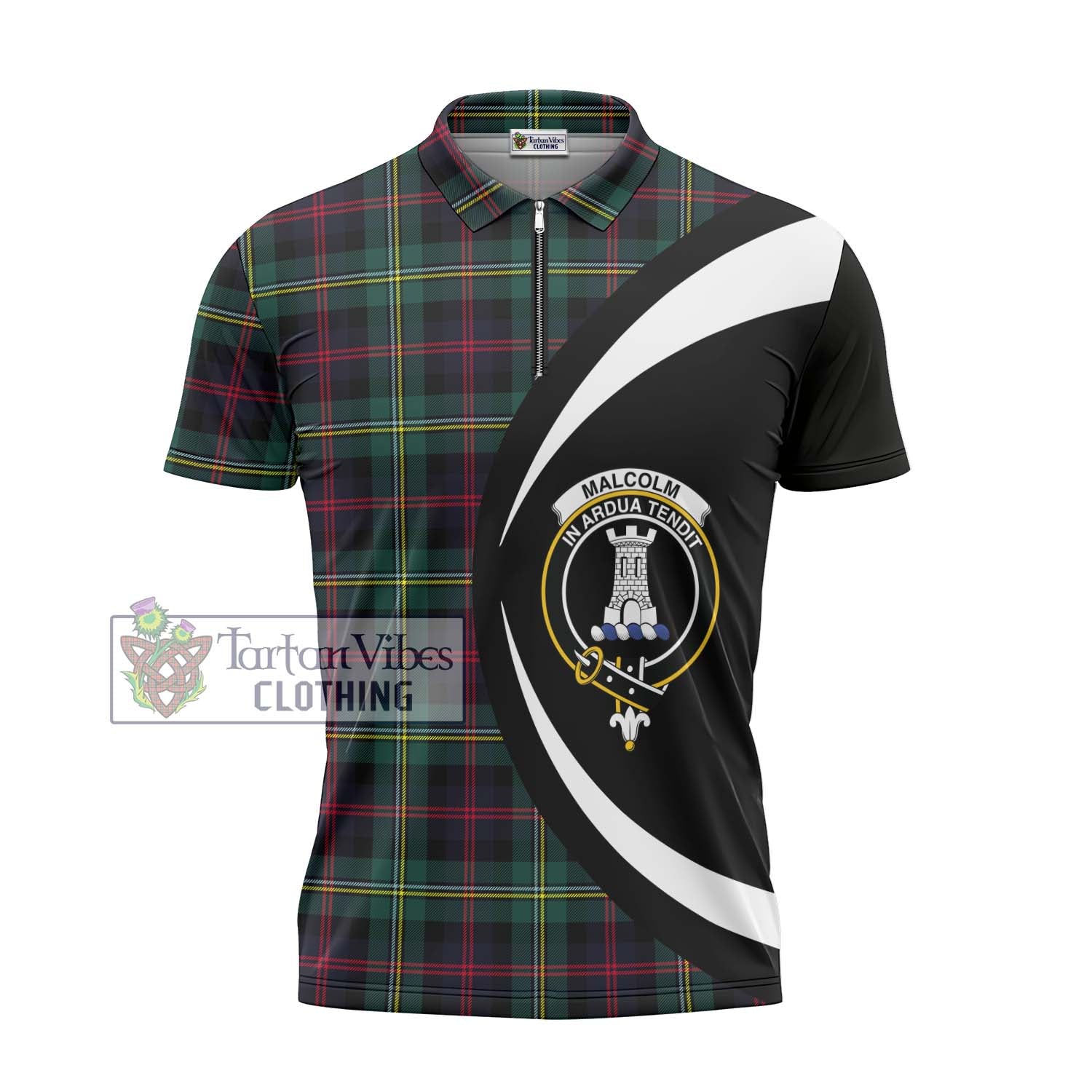 Tartan Vibes Clothing Malcolm Modern Tartan Zipper Polo Shirt with Family Crest Circle Style