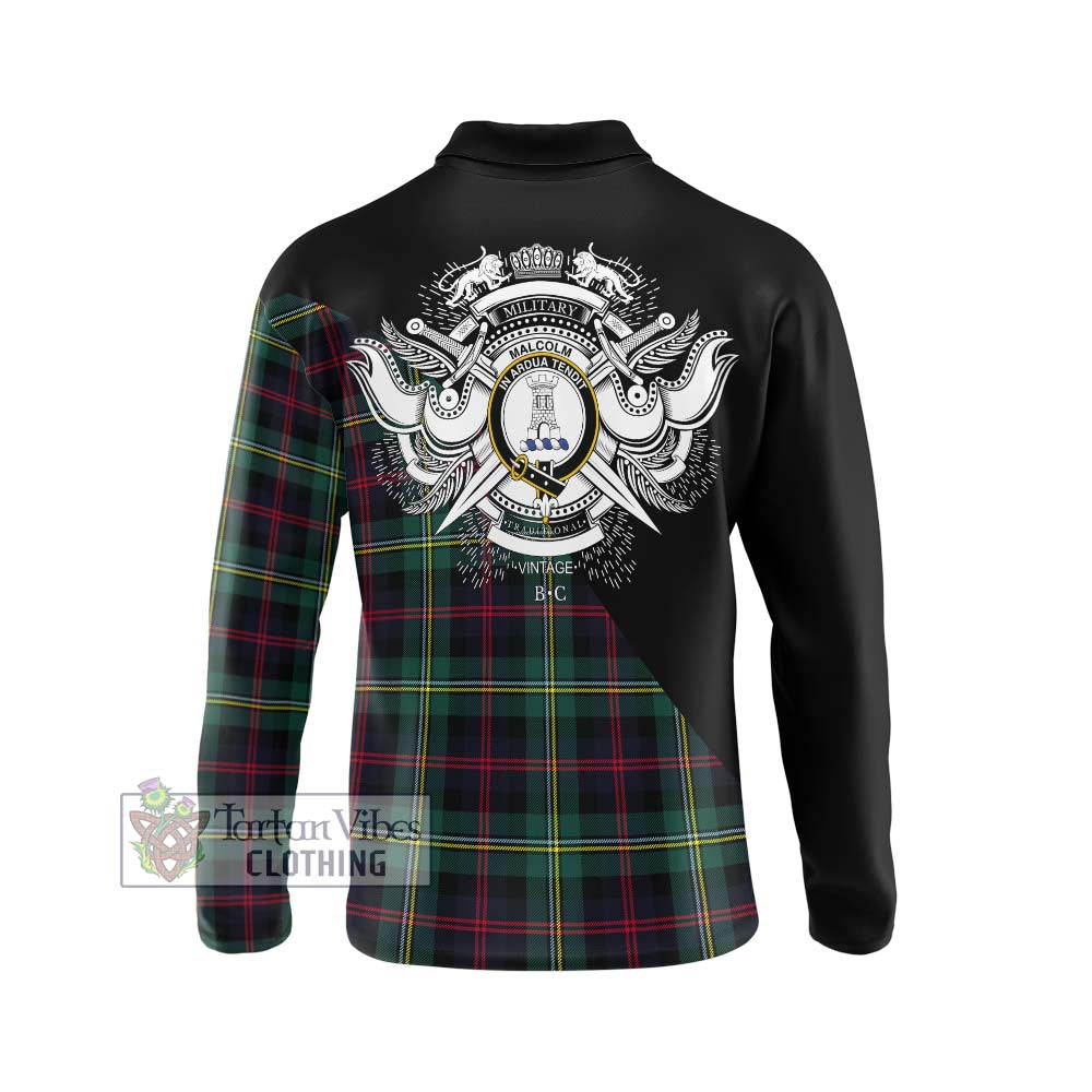 Malcolm Modern Tartan Long Sleeve Polo Shirt with Family Crest and Military Logo Style - Tartanvibesclothing Shop