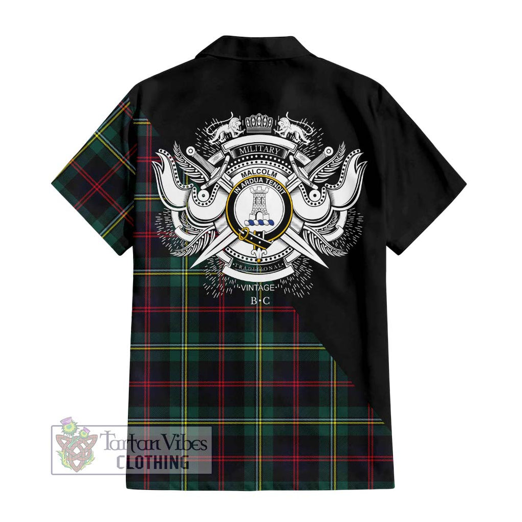 Malcolm Modern Tartan Short Sleeve Button Shirt with Family Crest and Military Logo Style - Tartanvibesclothing Shop