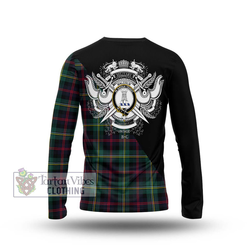 Malcolm Modern Tartan Long Sleeve T-Shirt with Family Crest and Military Logo Style - Tartanvibesclothing Shop