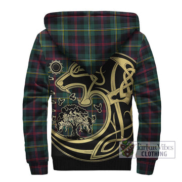 Malcolm Modern Tartan Sherpa Hoodie with Family Crest Celtic Wolf Style