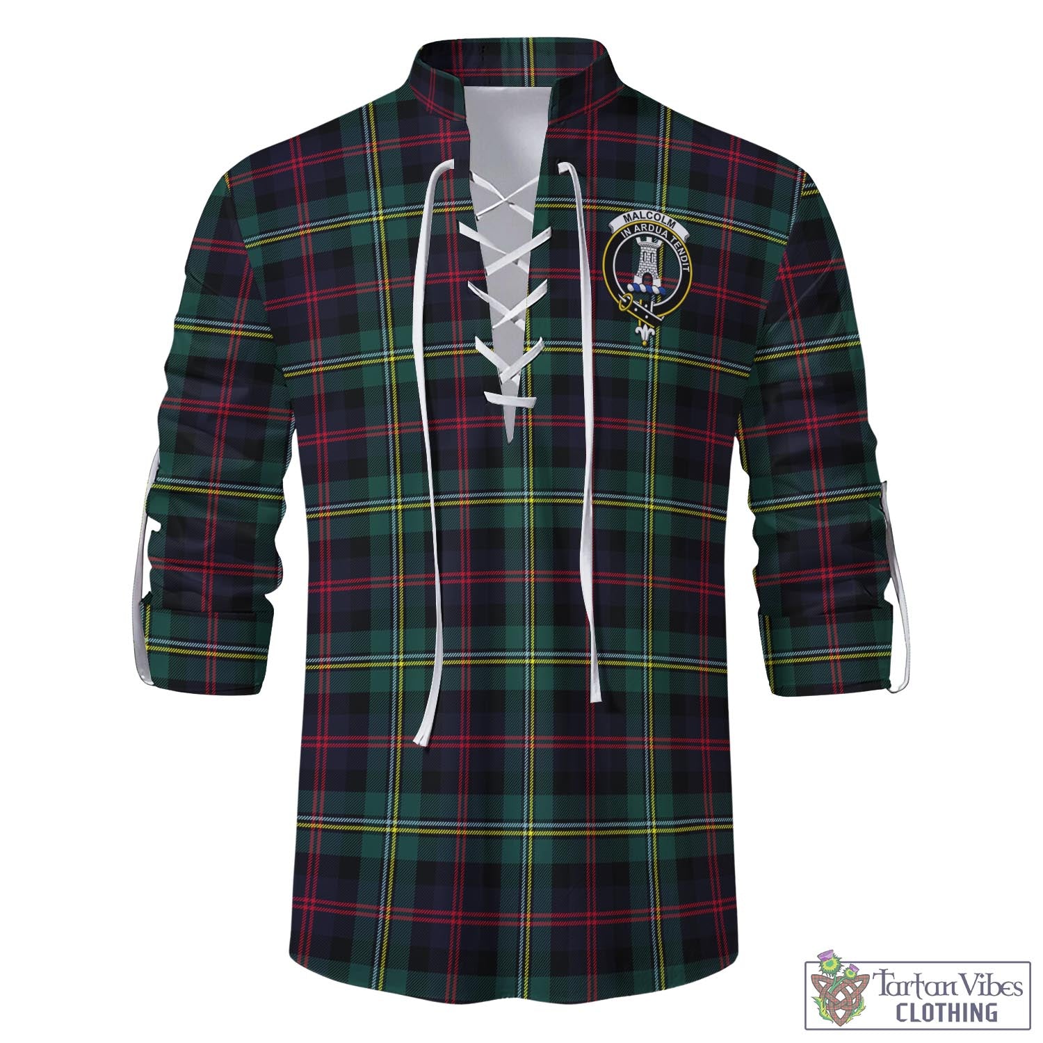 Tartan Vibes Clothing Malcolm Modern Tartan Men's Scottish Traditional Jacobite Ghillie Kilt Shirt with Family Crest