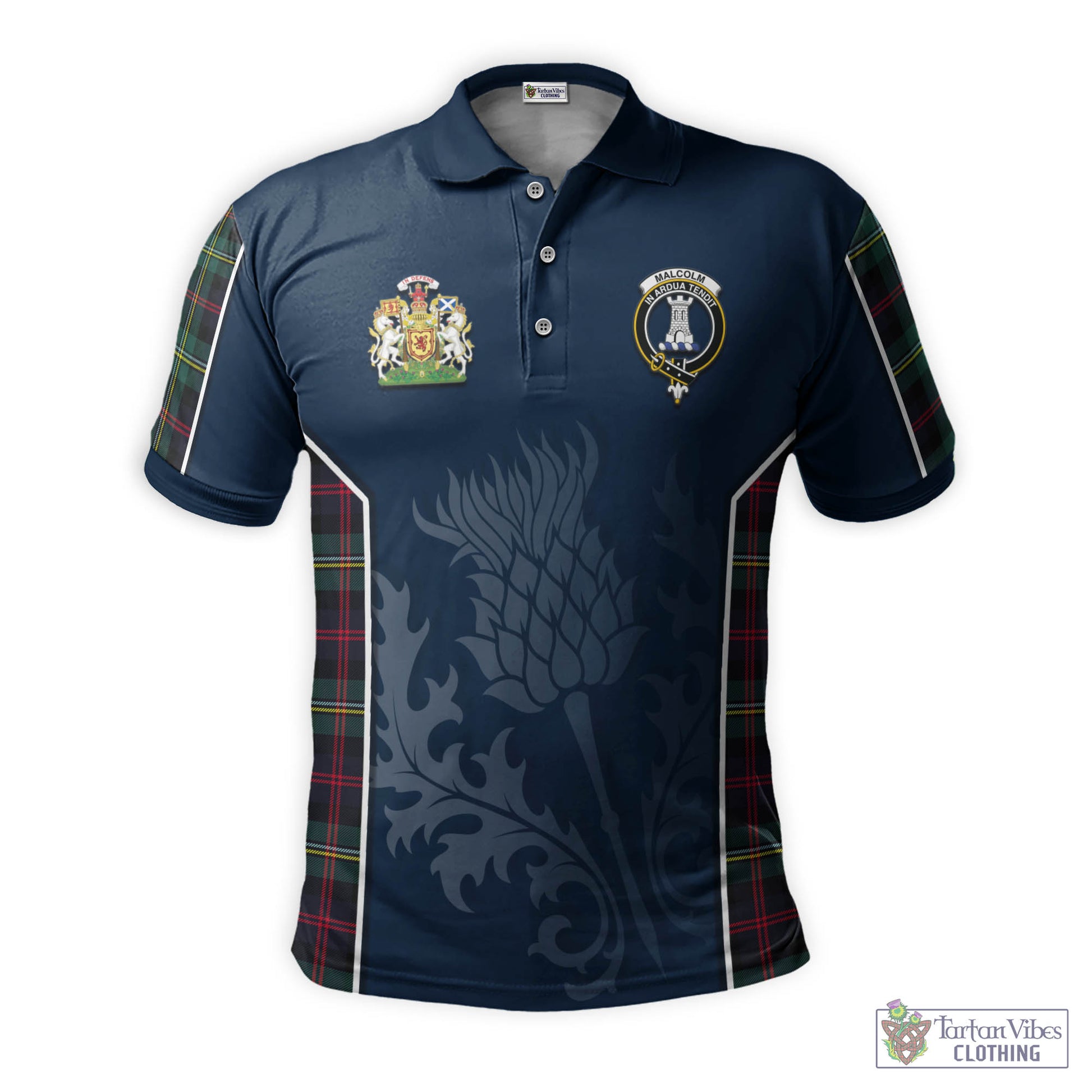 Tartan Vibes Clothing Malcolm Modern Tartan Men's Polo Shirt with Family Crest and Scottish Thistle Vibes Sport Style
