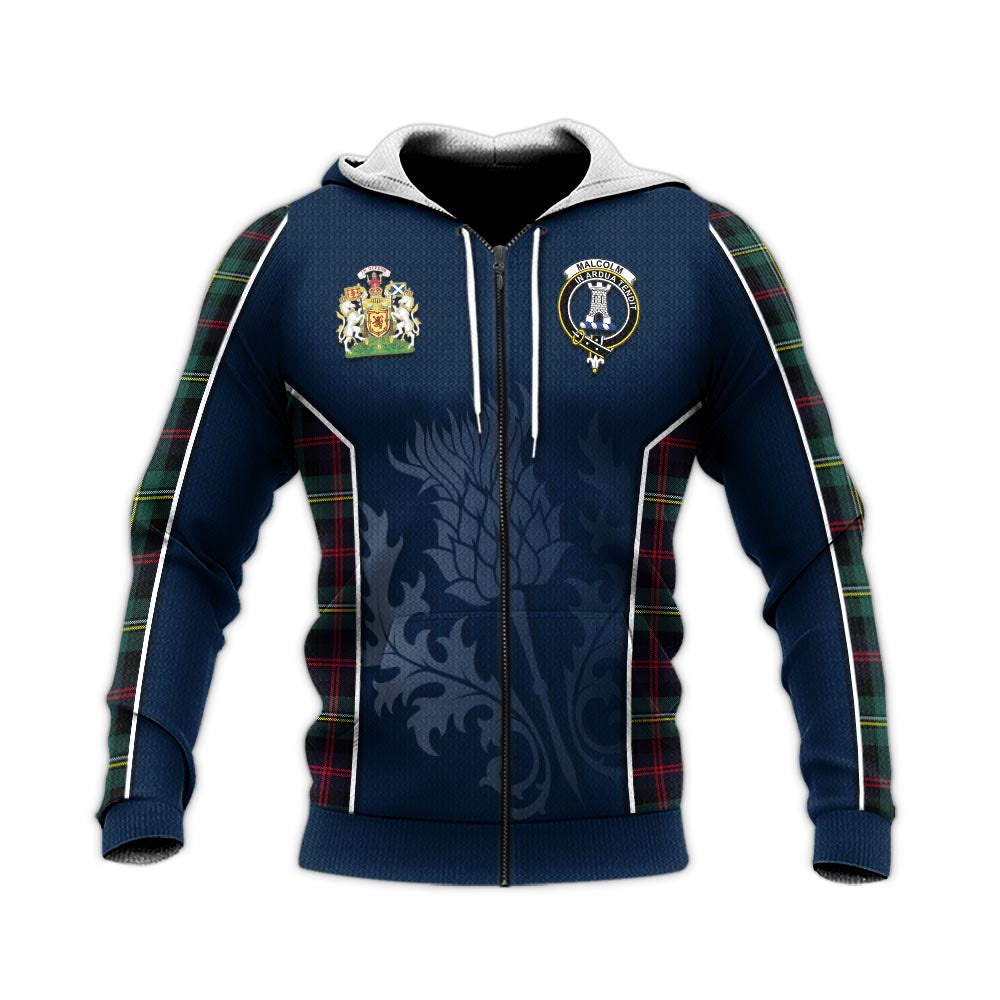 Tartan Vibes Clothing Malcolm Modern Tartan Knitted Hoodie with Family Crest and Scottish Thistle Vibes Sport Style