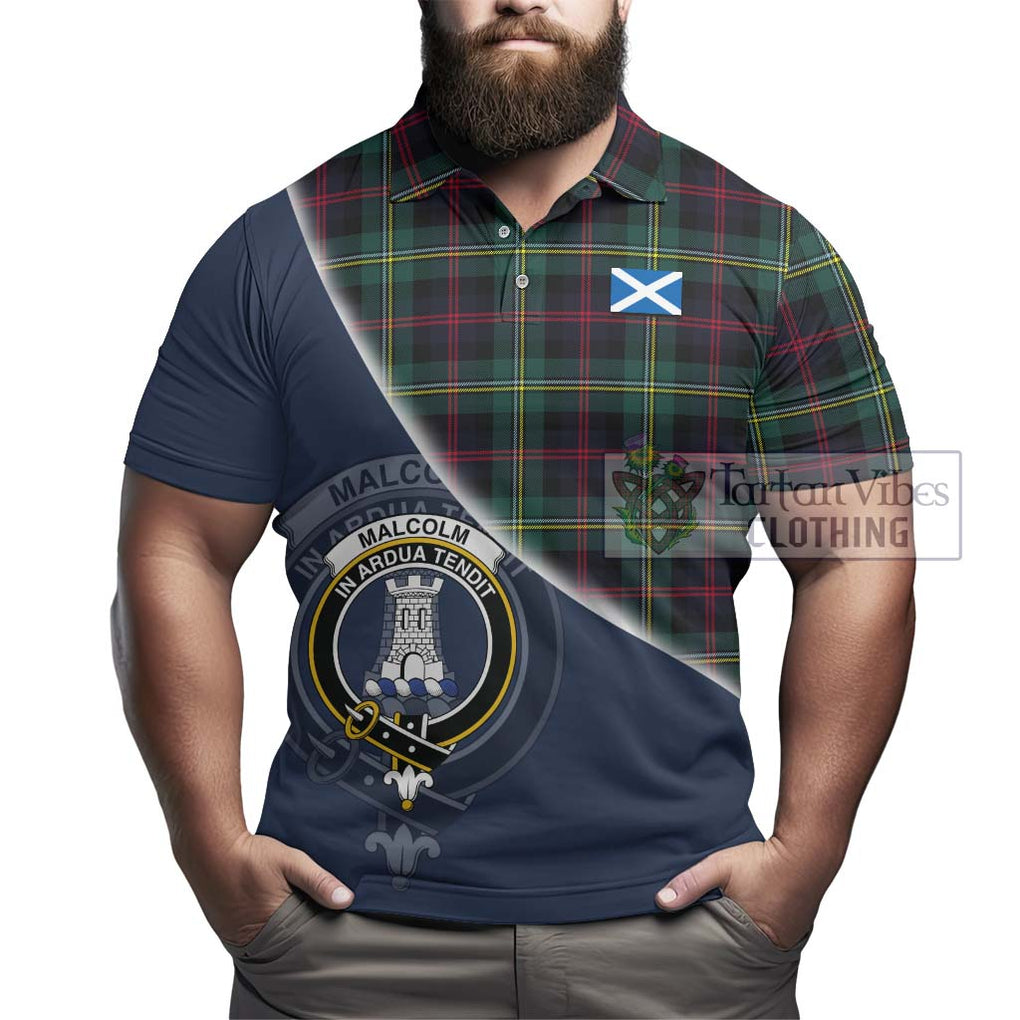 Malcolm Modern Tartan Polo Shirt with Personalised National Flag and Family Crest Half Style - Tartanvibesclothing Shop