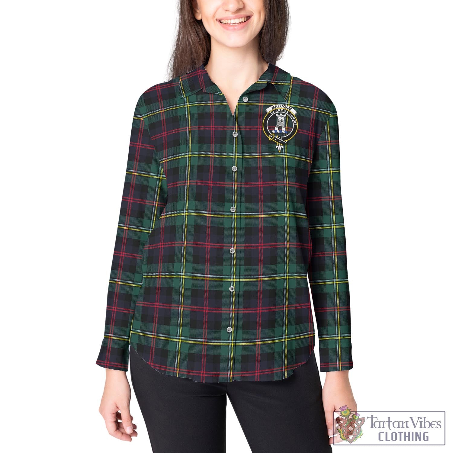 Tartan Vibes Clothing Malcolm Modern Tartan Womens Casual Shirt with Family Crest