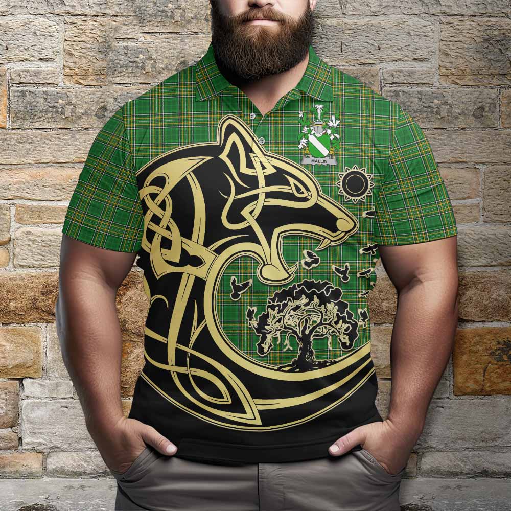 Tartan Vibes Clothing Mallin Irish Tartan Polo Shirt with Coat of Arms Celtic Wolf Style