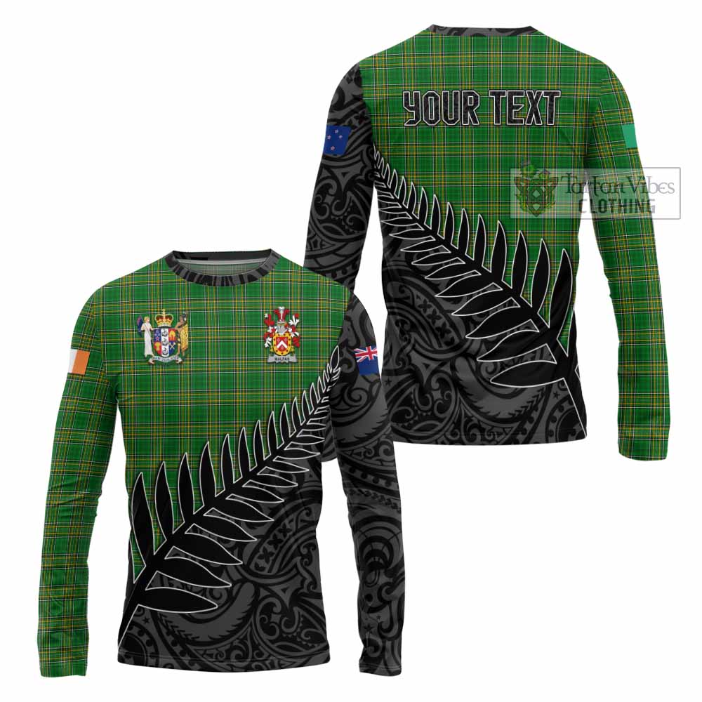 Tartan Vibes Clothing Malpas Irish Clan Tartan Long Sleeve T-Shirt with Coat of Arms New Zealand Silver Fern Half Style