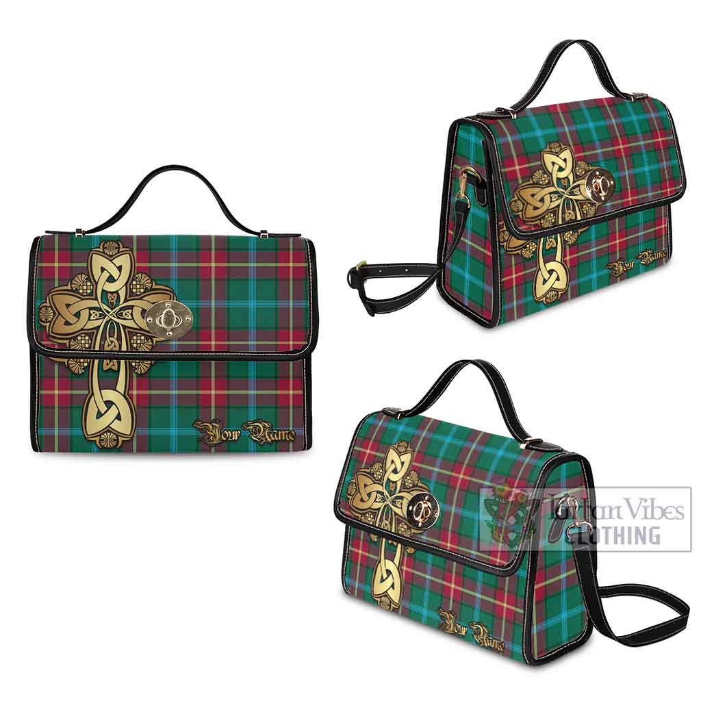 Tartan Vibes Clothing Manitoba Province Canada Tartan Waterproof Canvas Bag Golden Thistle Celtic Cross Style