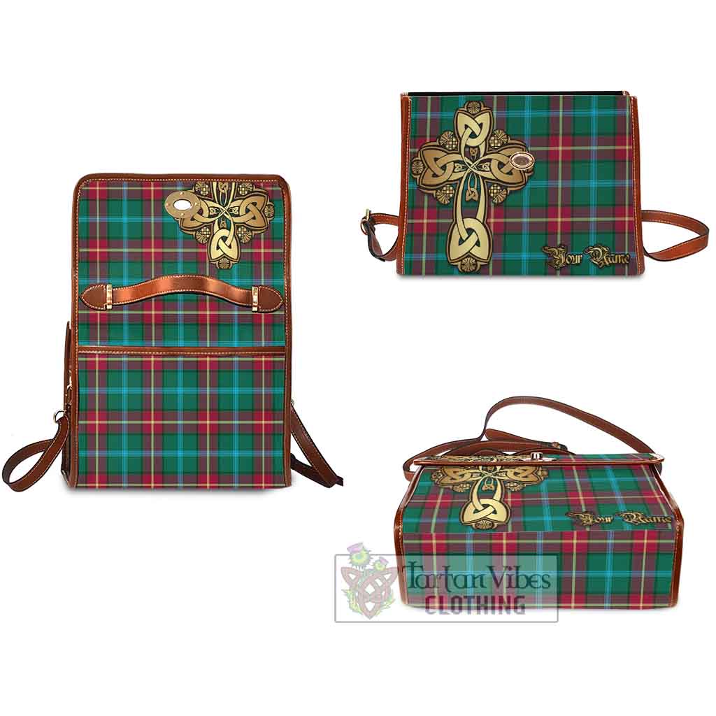 Tartan Vibes Clothing Manitoba Province Canada Tartan Waterproof Canvas Bag Golden Thistle Celtic Cross Style