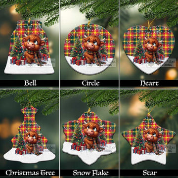 Maple Leaf Canada Tartan Christmas Ceramic Ornament with Adorable Highland Coo