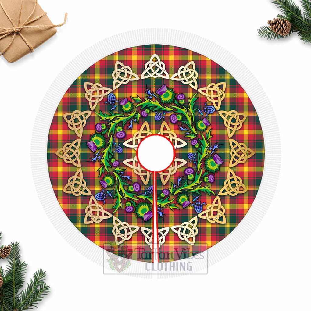 Maple Leaf Canada Tartan Christmas Tree Skirt with Thistle Celtic Knot Style Fringed Tree Skirts - Tartan Vibes Clothing