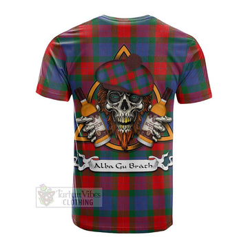 Mar Tartan Cotton T-shirt with Family Crest and Bearded Skull Holding Bottles of Whiskey - Tartan Vibes Clothing