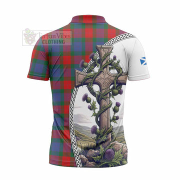 Mar Tartan Zipper Polo Shirt with Family Crest and St. Andrew's Cross Accented by Thistle Vines - Tartan Vibes Clothing