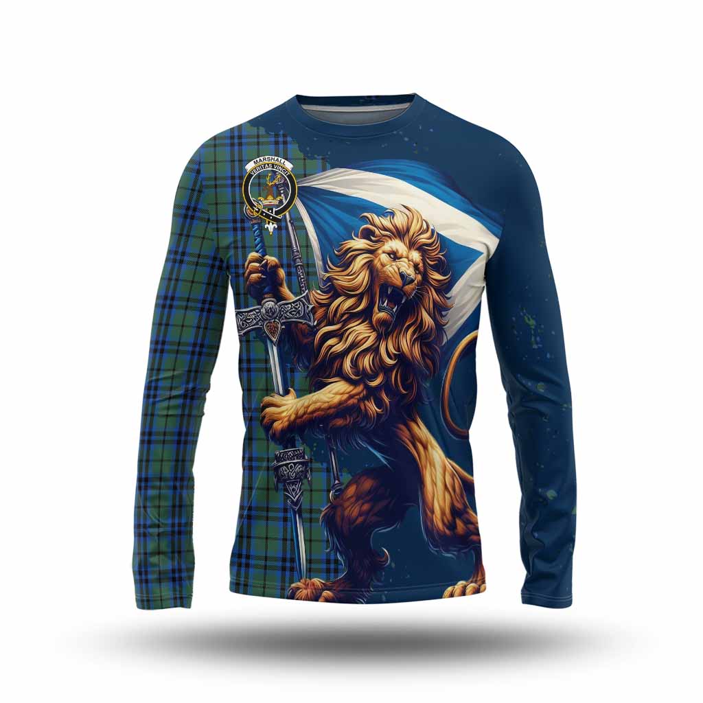 Tartan Vibes Clothing Marshall Tartan Family Crest Long Sleeve T-Shirt with Scottish Majestic Lion